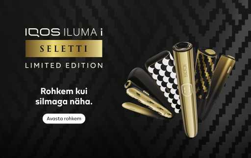 Tumedal taustal Seletti erikollektsioon IQOS seadmed. Nupp Avasta rohkem